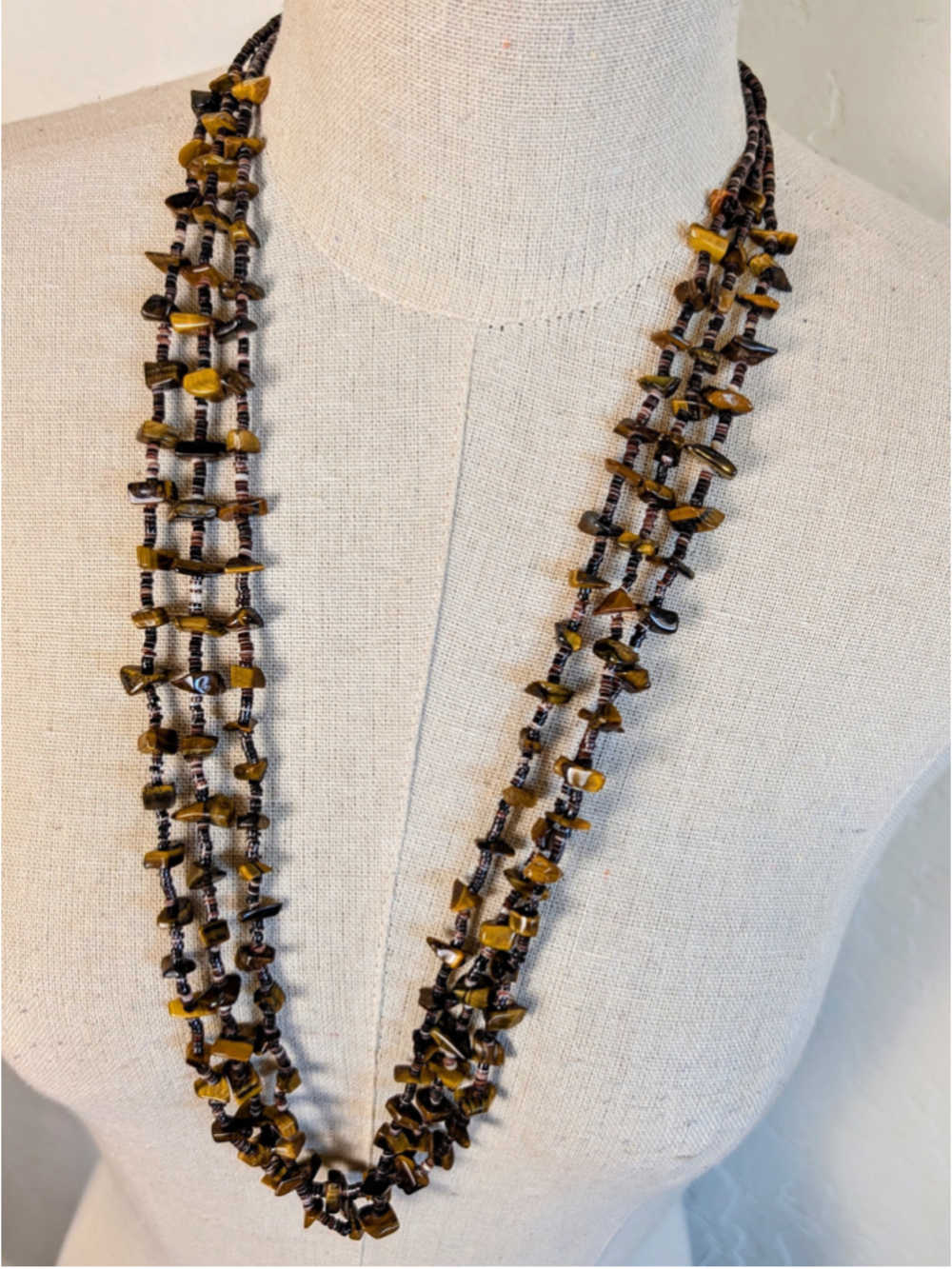 Vintage Southwestern Tiger's Eye Three Strand Necklace Heishi Bead Boho Necklace